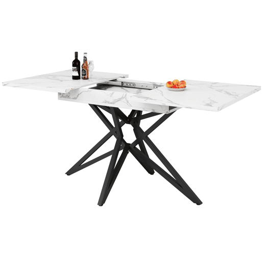 Mesa extensível 120 (160) x 80 cm - Mesa de cozinha, mesa de pequeno-almoço, pernas em forma de estrela, pernas em ferro preto, superfície em imitação de mármorenoz - Branca