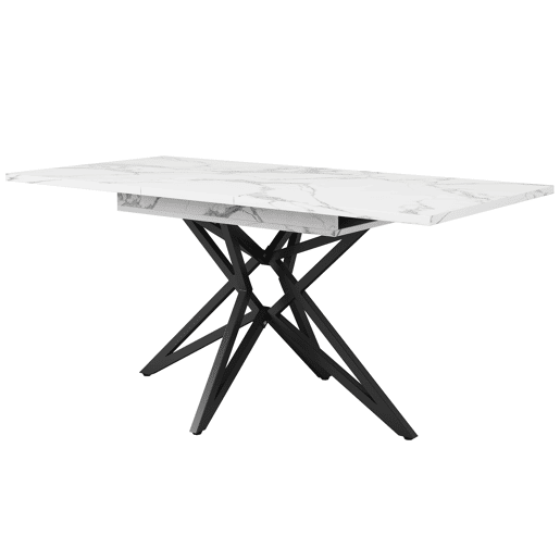 Mesa extensível 120 (160) x 80 cm - Mesa de cozinha, mesa de pequeno-almoço, pernas em forma de estrela, pernas em ferro preto, superfície em imitação de mármorenoz - Branca