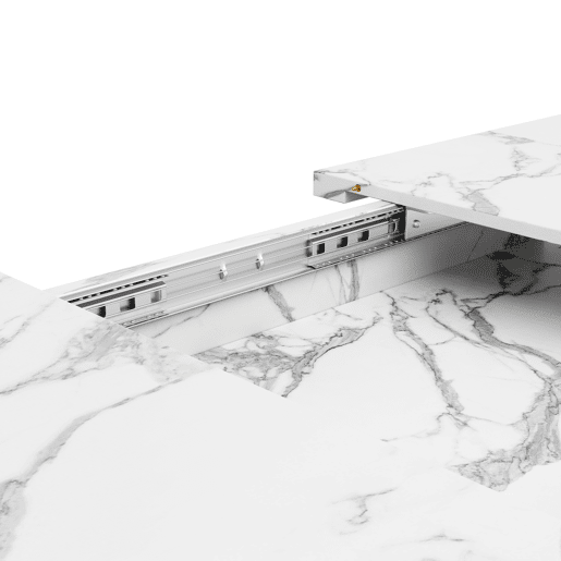 Mesa extensível 120 (160) x 80 cm - Mesa de cozinha, mesa de pequeno-almoço, pernas em forma de estrela, pernas em ferro preto, superfície em imitação de mármorenoz - Branca