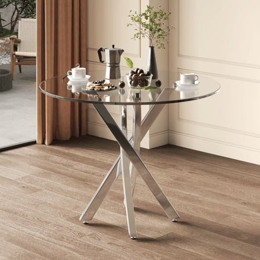 Mesa redonda 80x80x75 - Mesa de jantar com vidro temperado e pernas galvanizadas - Prata Mesa redonda 80x80x75 - Mesa de jantar com vidro temperado e pernas galvanizadas - Prata