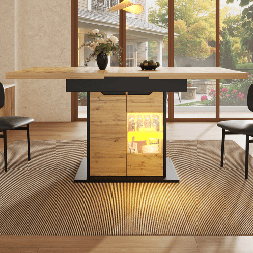 Mesa extensível 110-140x80 cm - Telescópica, com LED e arrumação - Preto + Natural