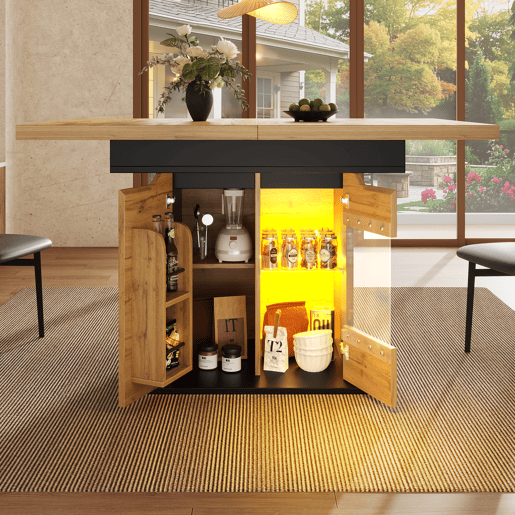 Mesa extensível 110-140x80 cm - Telescópica, com LED e arrumação - Preto + Natural