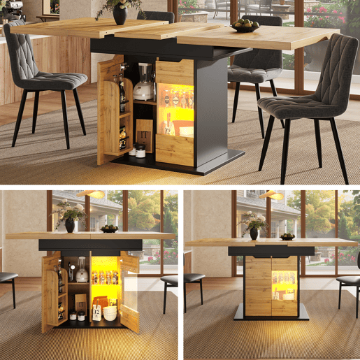 Mesa extensível 110-140x80 cm - Telescópica, com LED e arrumação - Preto + Natural