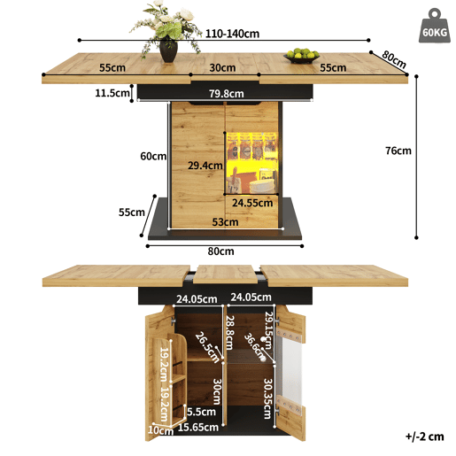 Mesa extensível 110-140x80 cm - Telescópica, com LED e arrumação - Preto + Natural