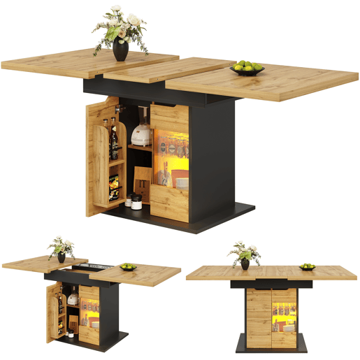 Mesa extensível 110-140x80 cm - Telescópica, com LED e arrumação - Preto + Natural
