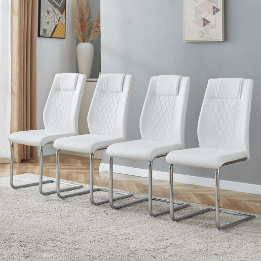 Cadeiras de sala de jantar 4 unidades - Estilo escandinavo, PU, encosto em malha, pernas metálicas antiderrapantes - Branco+Prata