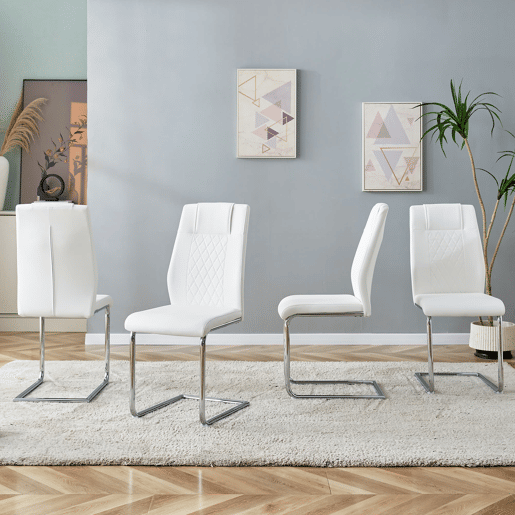 Cadeiras de sala de jantar 4 unidades - Estilo escandinavo, PU, encosto em malha, pernas metálicas antiderrapantes - Branco+Prata