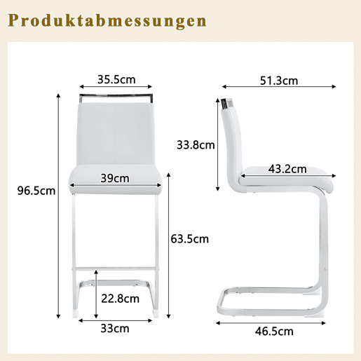 Conjunto de 2 bancos de bar 96,5 cm - estilo nórdico, couro sintético branco, pernas metálicas prateadas