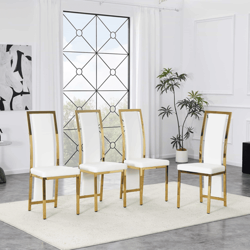 Cadeiras de sala de jantar 4 unidades 109 cm - design minimalista europeu, estofadas em PU branco com estrutura metálica dourada - Branco e Dourado