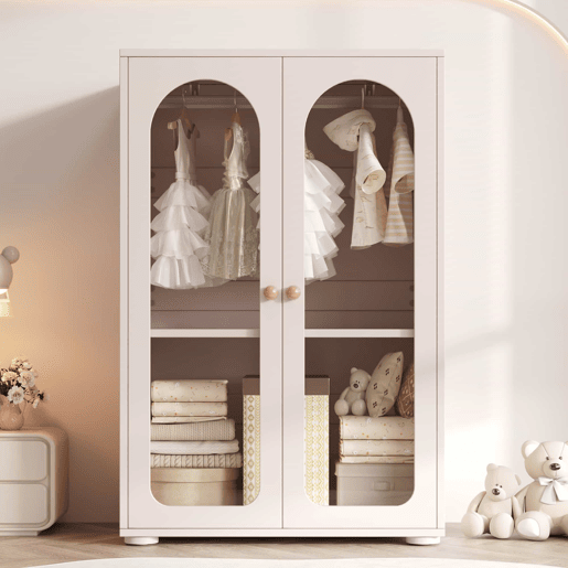 Armário de 2 portas 80×50×120 cm - armário lacado com varão para roupa, portas transparentes em acrílico, puxadores em cerâmica - rosa bebé Armário de 2 portas 80×50×120 cm - armário lacado com varão para roupa, portas transparentes em acrílico, puxadores em cerâmica - rosa bebé