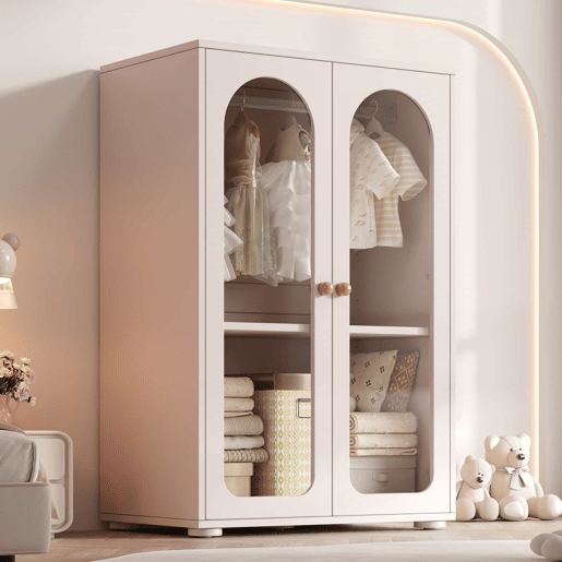 Armário de 2 portas 80×50×120 cm - armário lacado com varão para roupa, portas transparentes em acrílico, puxadores em cerâmica - rosa bebé Armário de 2 portas 80×50×120 cm - armário lacado com varão para roupa, portas transparentes em acrílico, puxadores em cerâmica - rosa bebé