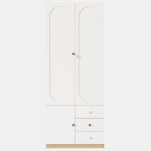 Roupeiro de 2 portas com gavetas 80×45×200 cm - barra para pendurar roupa, puxadores de cerâmica coloridos, acabamento lacado - branco