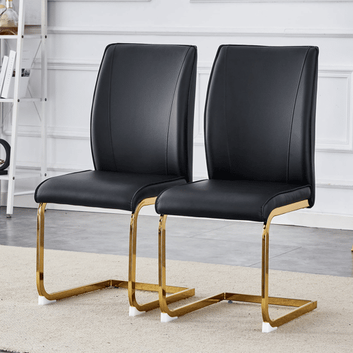 Cadeiras de sala de jantar 2 unidades - Assento PU confortável, estilo moderno e elegante - Preto+Dourado