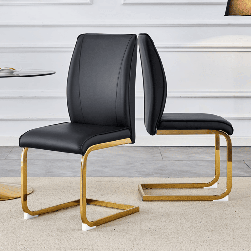 Cadeiras de sala de jantar 2 unidades - Assento PU confortável, estilo moderno e elegante - Preto+Dourado