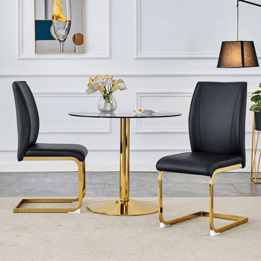 Cadeiras de sala de jantar 2 unidades - Assento PU confortável, estilo moderno e elegante - Preto+Dourado