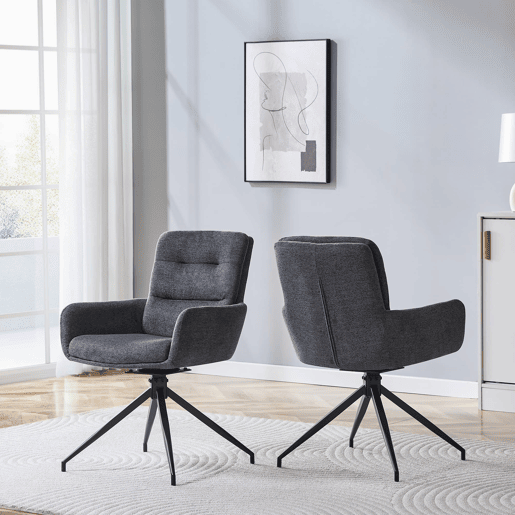 Cadeira giratória europeia 2 unidades - design luxuoso, linho cinza escuro, pernas metálicas pretas