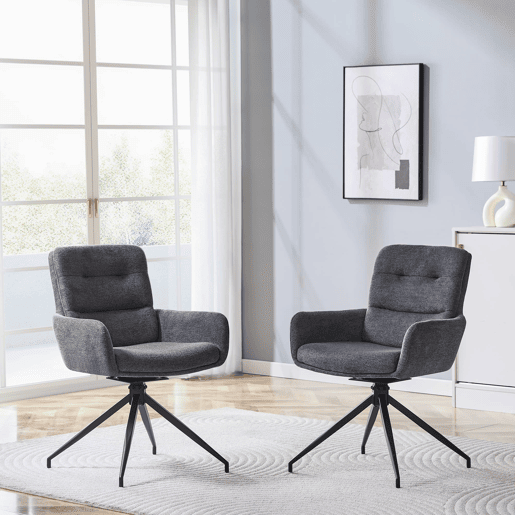 Cadeira giratória europeia 2 unidades - design luxuoso, linho cinza escuro, pernas metálicas pretas