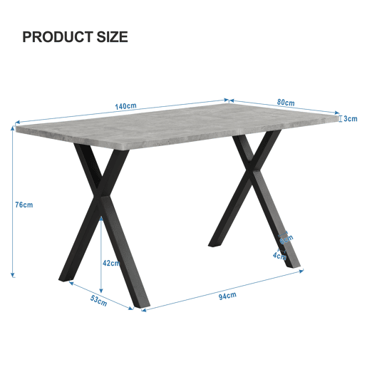 Mesa de jantar 140x80 cm - design moderno com pernas cruzadas - cinza e preto