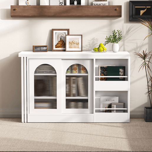 Mesa de bar moderna giratória 360° - Mesa extensível com arrumação e porta de vidro - Branco