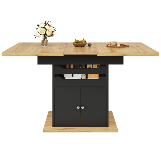 Mesa extensível 110-140x80 cm - Mesa de cozinha dobrável, com 2 gavetas e 1 armário - Preto