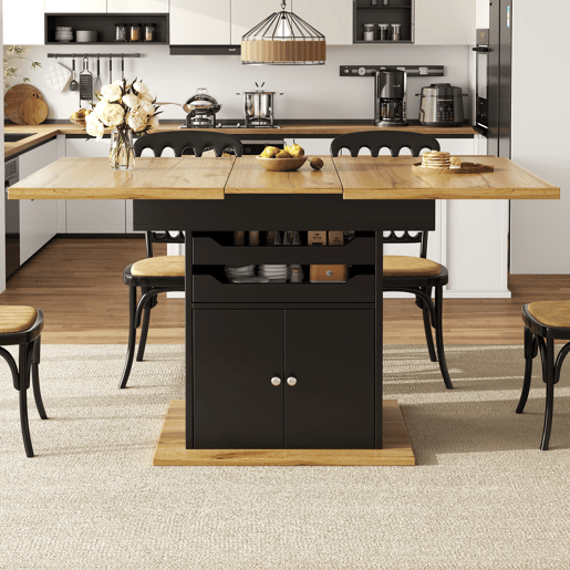 Mesa extensível 110-140x80 cm - Mesa de cozinha dobrável, com 2 gavetas e 1 armário - Preto