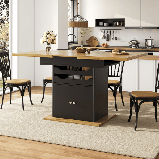 Mesa extensível 110-140x80 cm - Mesa de cozinha dobrável, com 2 gavetas e 1 armário - Preto