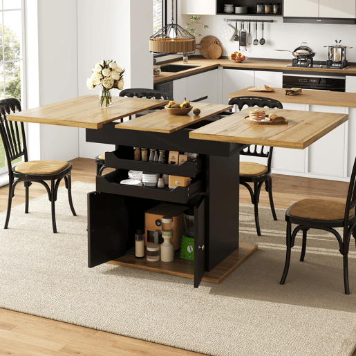Mesa extensível 110-140x80 cm - Mesa de cozinha dobrável, com 2 gavetas e 1 armário - Preto