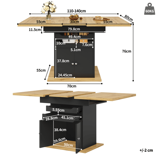 Mesa extensível 110-140x80 cm - Mesa de cozinha dobrável, com 2 gavetas e 1 armário - Preto