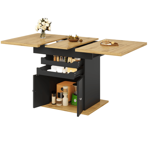 Mesa extensível 110-140x80 cm - Mesa de cozinha dobrável, com 2 gavetas e 1 armário - Preto