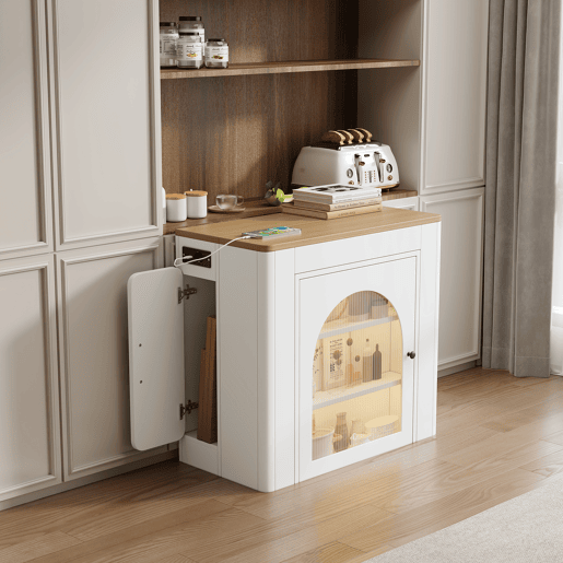 Ilha de cozinha com rodas - Mesa extensível com tampo removível - Carrinho móvel com tomadas - Branco
