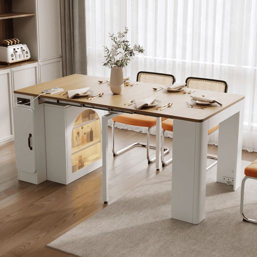Ilha de cozinha com rodas - Mesa extensível com tampo removível - Carrinho móvel com tomadas - Branco