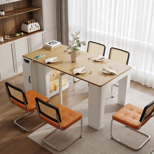 Ilha de cozinha com rodas - Mesa extensível com tampo removível - Carrinho móvel com tomadas - Branco