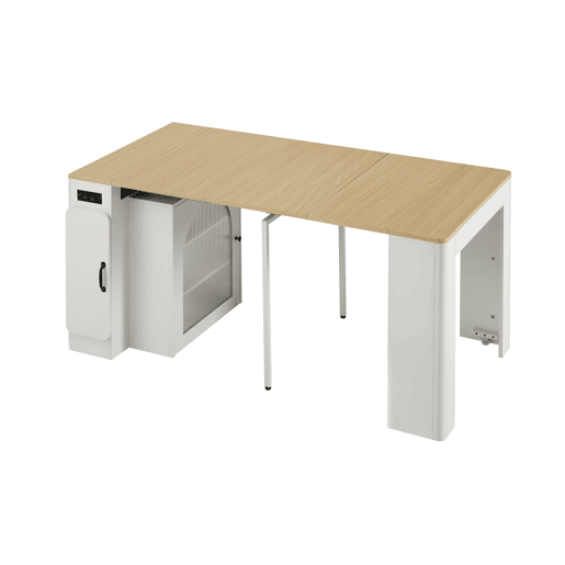 Ilha de cozinha com rodas - Mesa extensível com tampo removível - Carrinho móvel com tomadas - Branco