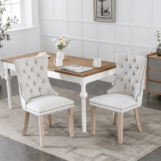 Cadeira de sala de jantar - Conjunto de 2 unidades, moderna, estofada em linho, encosto capitoné, pernas em madeira - Bege