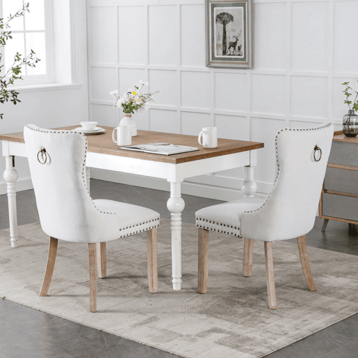 Cadeira de sala de jantar - Conjunto de 2 unidades, moderna, estofada em linho, encosto capitoné, pernas em madeira - Bege