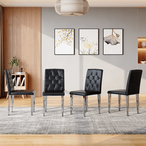 Conjunto de 4 cadeiras de jantar - Preto com acabamento em prata brilhante - Luxo leve