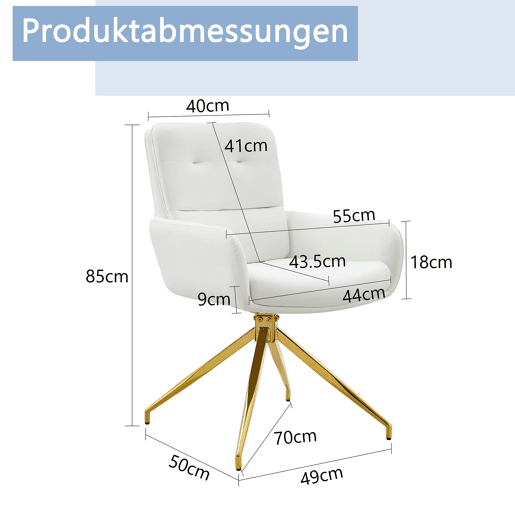 Cadeira giratória 2 unidades - design luxuoso e leve, PU branco, pernas em metal dourado, 360° - BrancoDourado