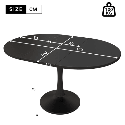 Mesa de jantar extensível 100140x100x75 cm - mesa ovalada moderna e simples - Preto
