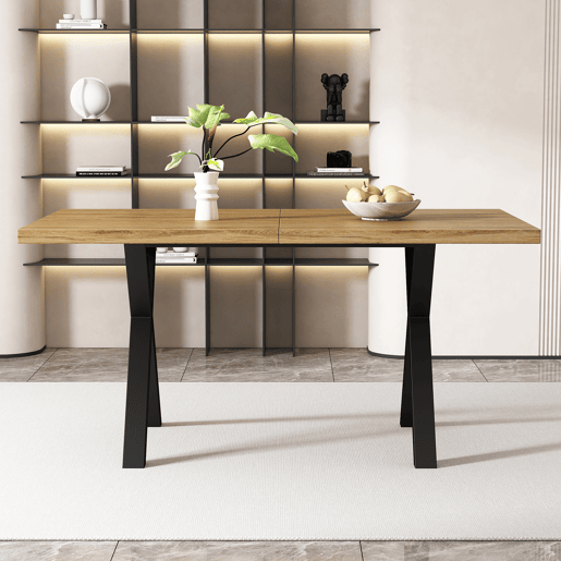 Mesa de jantar 140x80x76 cm - design moderno com pernas cruzadas, ferro e carvalho, preto
