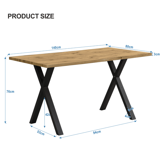 Mesa de jantar 140x80x76 cm - design moderno com pernas cruzadas, ferro e carvalho, preto