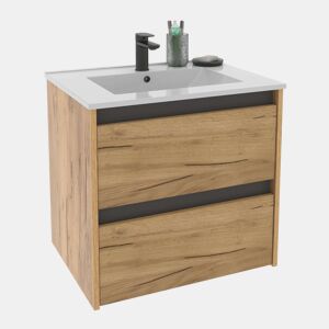 Armário de banheiro suspenso Nilo, 60 cm, carvalho kraft e cinza, 2 gavetas, 60 x 60 x 46 cm (pia de cerâmica)