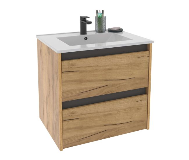 Mueble de baño suspendido 60 cm nilo roble kraft y gris 2 cajones 60x60x46 cm (lavabo cerámico)