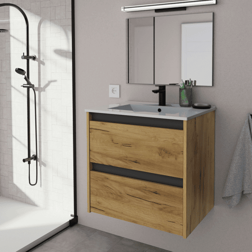 Armário de banheiro suspenso Nilo, 60 cm, carvalho kraft e cinza, 2 gavetas, 60 x 60 x 46 cm (pia de cerâmica)
