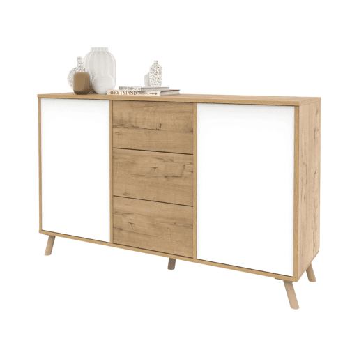 Aparador Oslo para sala de estar, móvel auxiliar para sala de jantar com 3 gavetas e 2 portas, carvalho dourado e branco fosco, 140x89x40 cm