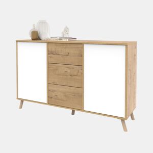 Aparador Oslo para sala de estar, móvel auxiliar para sala de jantar com 3 gavetas e 2 portas, carvalho dourado e branco fosco, 140x89x40 cm