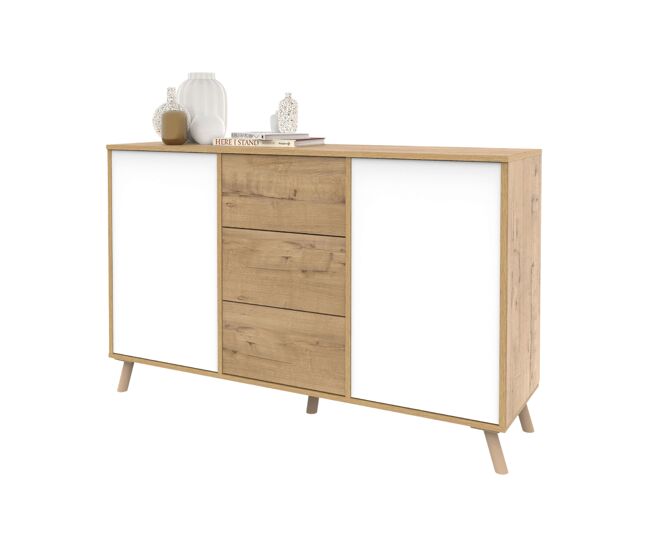 Aparador salón oslo, mueble almacenaje comedor, auxiliar 3 cajones 2 puertas roble gold y blanco mate 140x89x40 cm