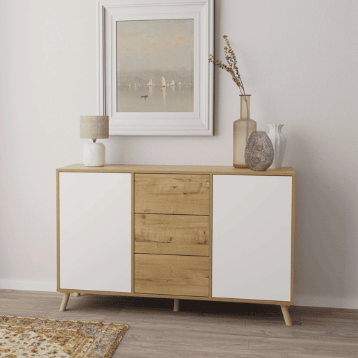 Aparador Oslo para sala de estar, móvel auxiliar para sala de jantar com 3 gavetas e 2 portas, carvalho dourado e branco fosco, 140x89x40 cm
