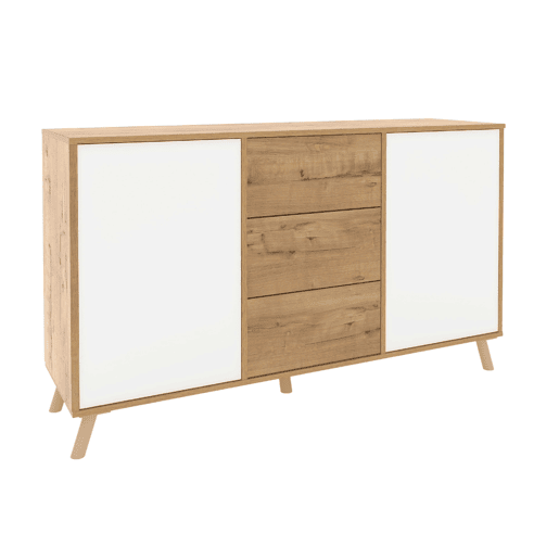 Aparador Oslo para sala de estar, móvel auxiliar para sala de jantar com 3 gavetas e 2 portas, carvalho dourado e branco fosco, 140x89x40 cm