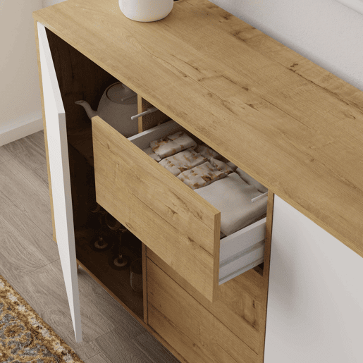 Aparador Oslo para sala de estar, móvel auxiliar para sala de jantar com 3 gavetas e 2 portas, carvalho dourado e branco fosco, 140x89x40 cm