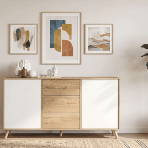 Aparador Oslo para sala de estar, móvel auxiliar para sala de jantar com 3 gavetas e 2 portas, carvalho dourado e branco fosco, 140x89x40 cm